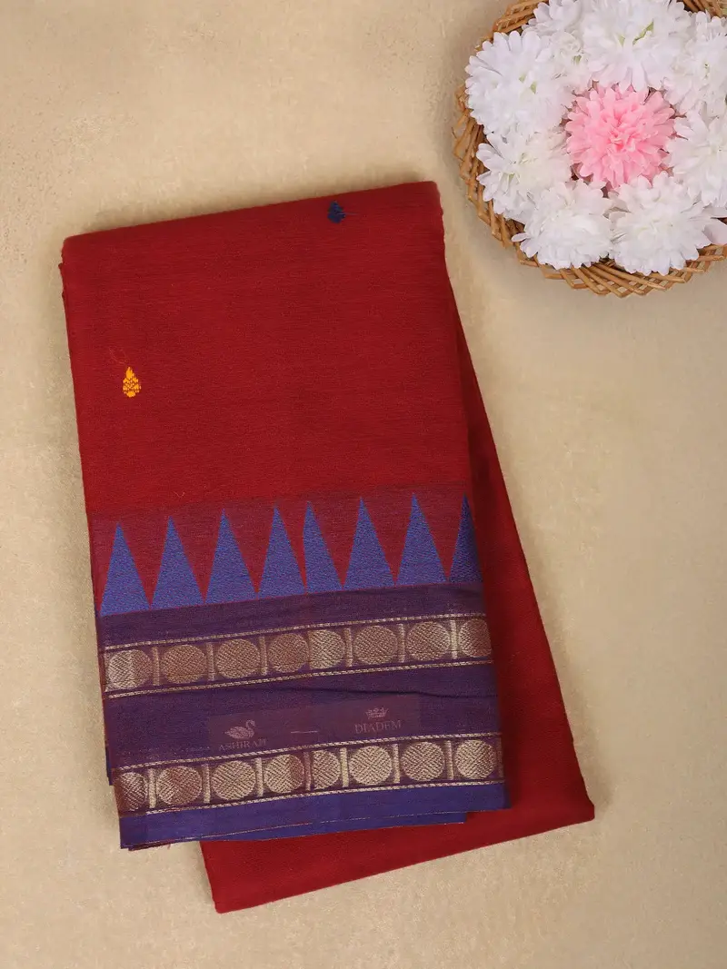 Maroon Small Butta Design Cotton Saree With Contrast Blue Border 1