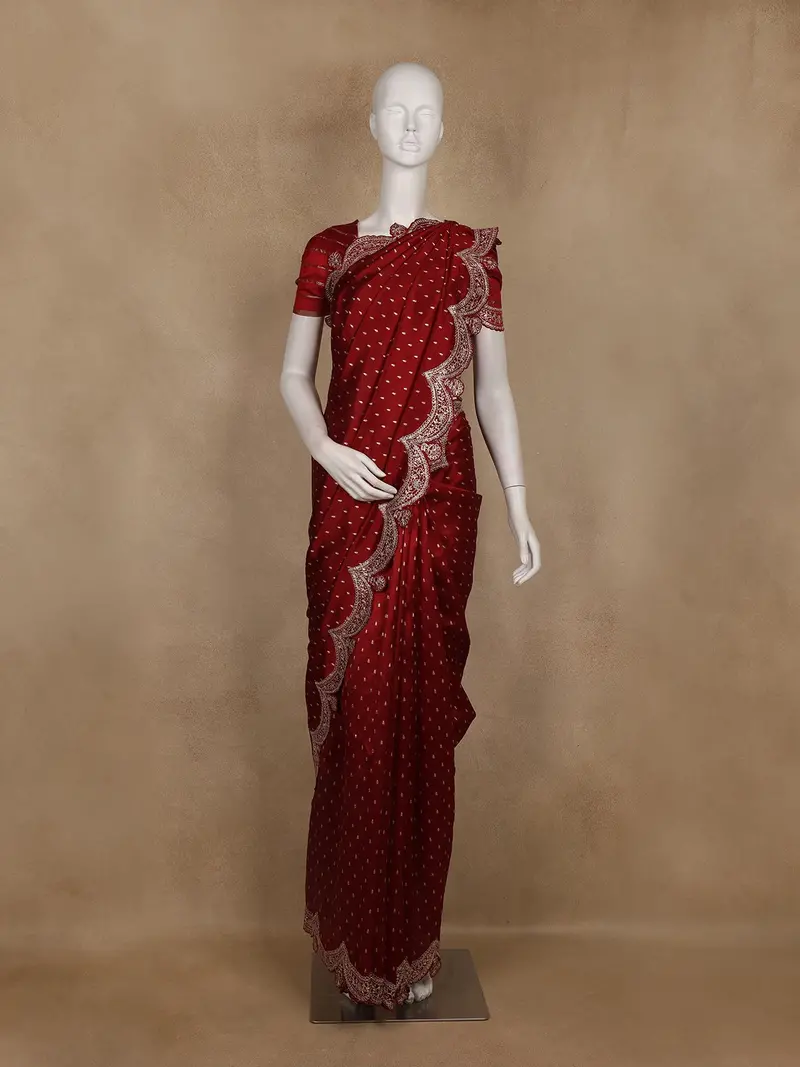 Maroon Small Butta Design Katan Banarasi Saree With Embroidered Scalloped Border 1