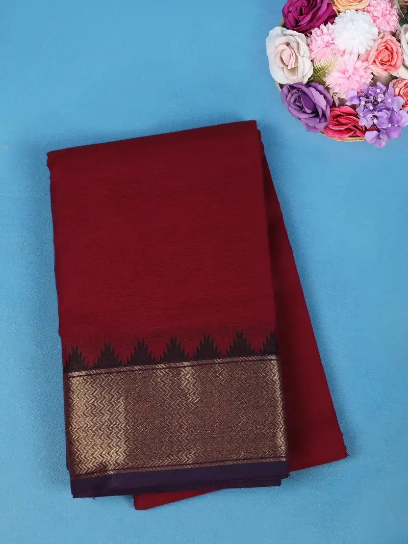 Maroon Solid Cotton Saree With Golden Zari Woven Border 1