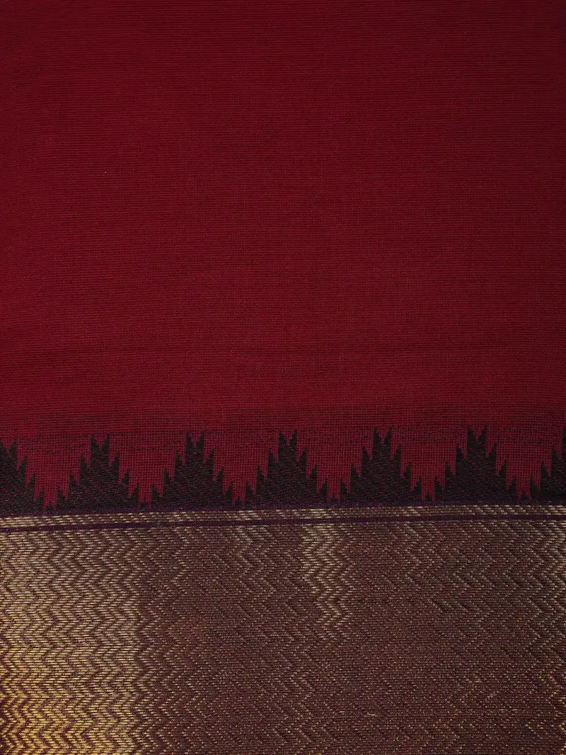 Maroon Solid Cotton Saree With Golden Zari Woven Border 2