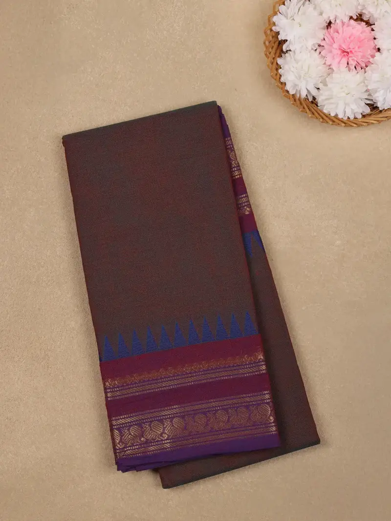 Maroon Solid Design Cotton Saree With Blue Temple Zari Border 1