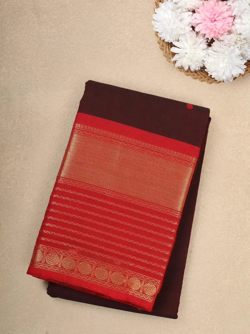 Maroon Solid Design Cotton Saree With Red Zari Woven Border 1