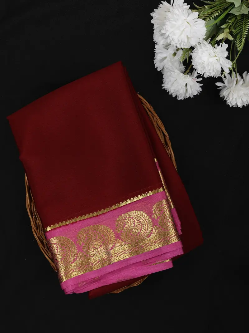 Maroon Solid Design Mysore Silk Saree With Contrast Paisley Border 1