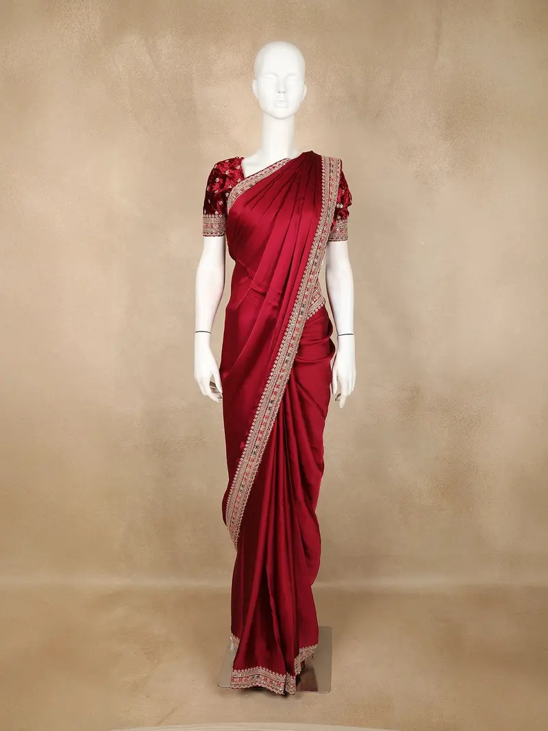 Maroon Solid Design Satin Saree With Embellished Lace Border 1