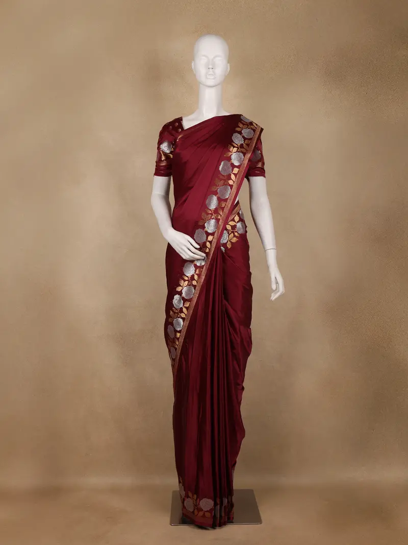 Maroon Solid Design Semi Banarasi Silk Saree 1