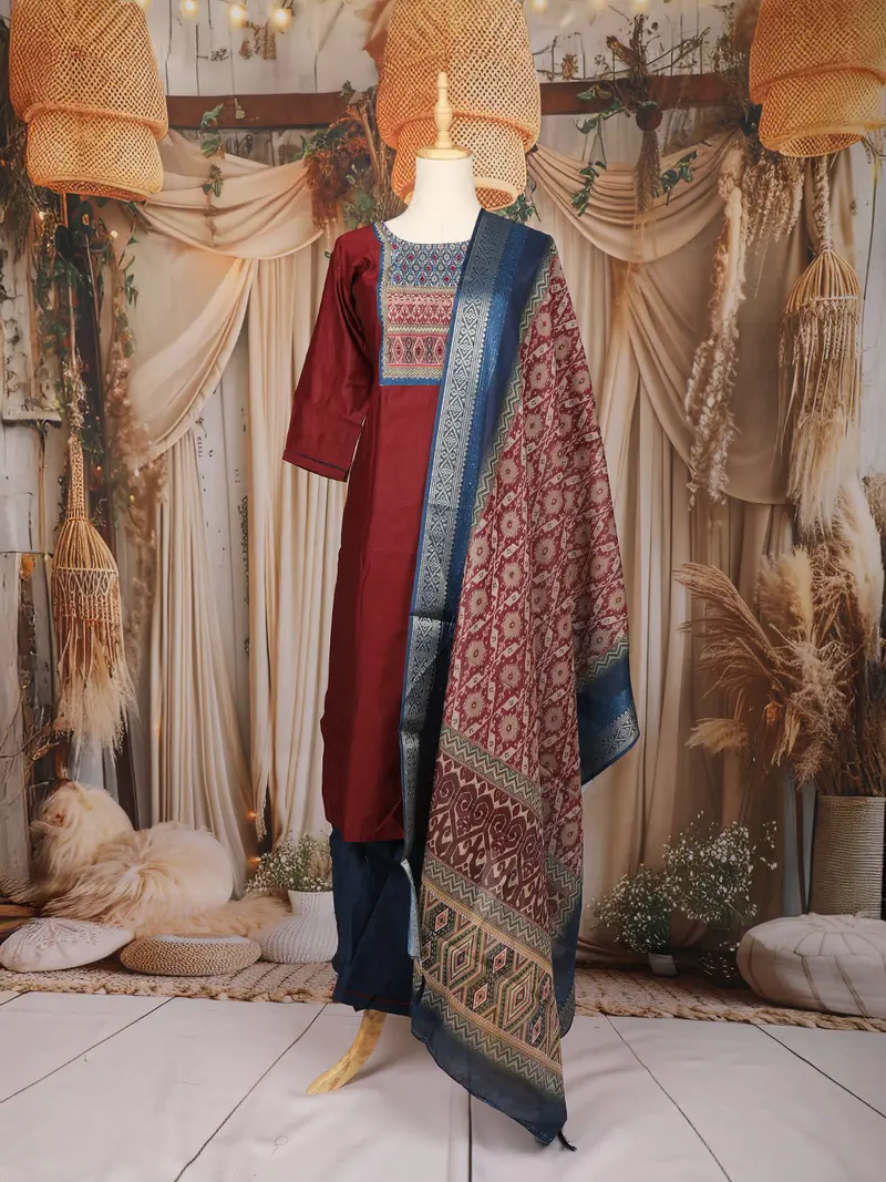Maroon Solid Design Silk Cotton Salwar Suit With Embroidered Yoke 1