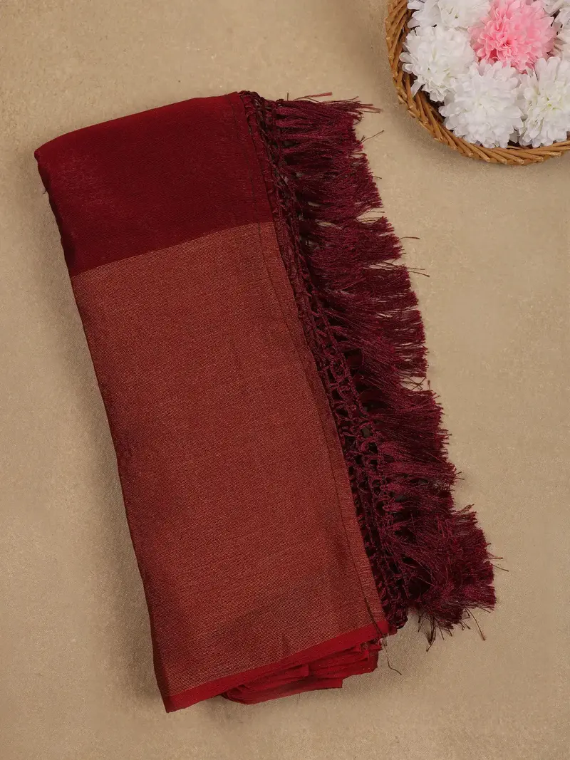 Maroon Solid Silk Fancy Saree With Beaded Work Blouse 1