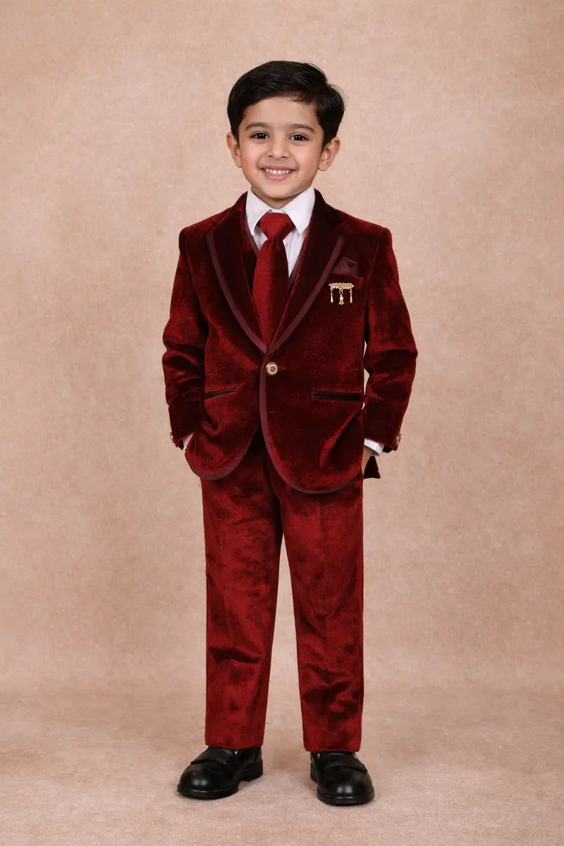 Maroon Solid Velvet Kids Suit Set With Shirt And Tie 1
