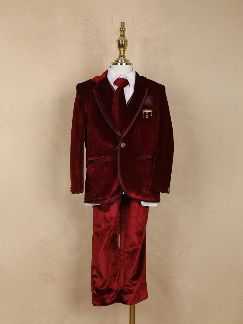 Maroon Solid Velvet Kids Suit Set With Shirt And Tie 2