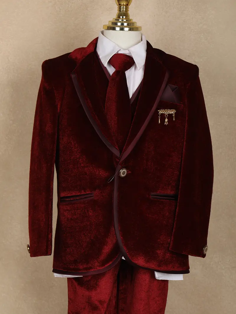 Maroon Solid Velvet Kids Suit Set With Shirt And Tie 3