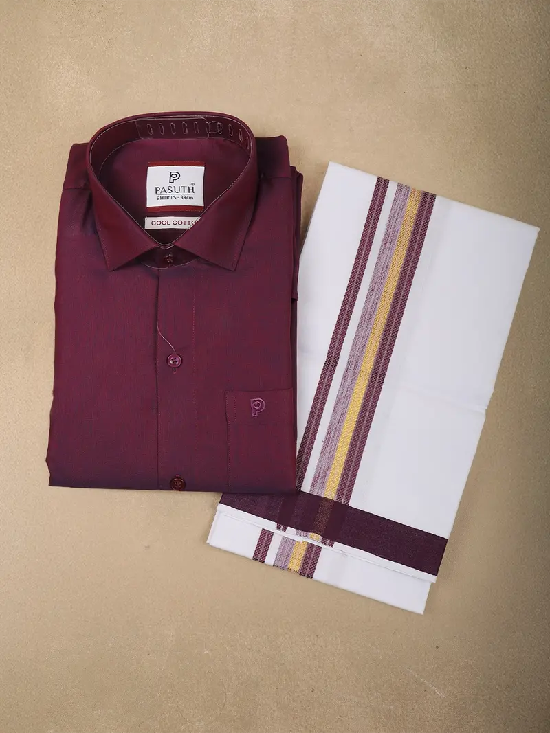 Maroon Solid Woven Cotton Shirt With Matching White Dhoti Featuring Maroon And Gold Border 1
