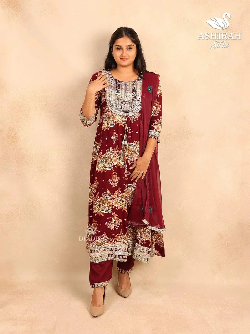 Maroon Straight Cut Salwar Suit For Girls Adorned With Floral Prints And Threadwork Embroidery Paired With Dupatta 1