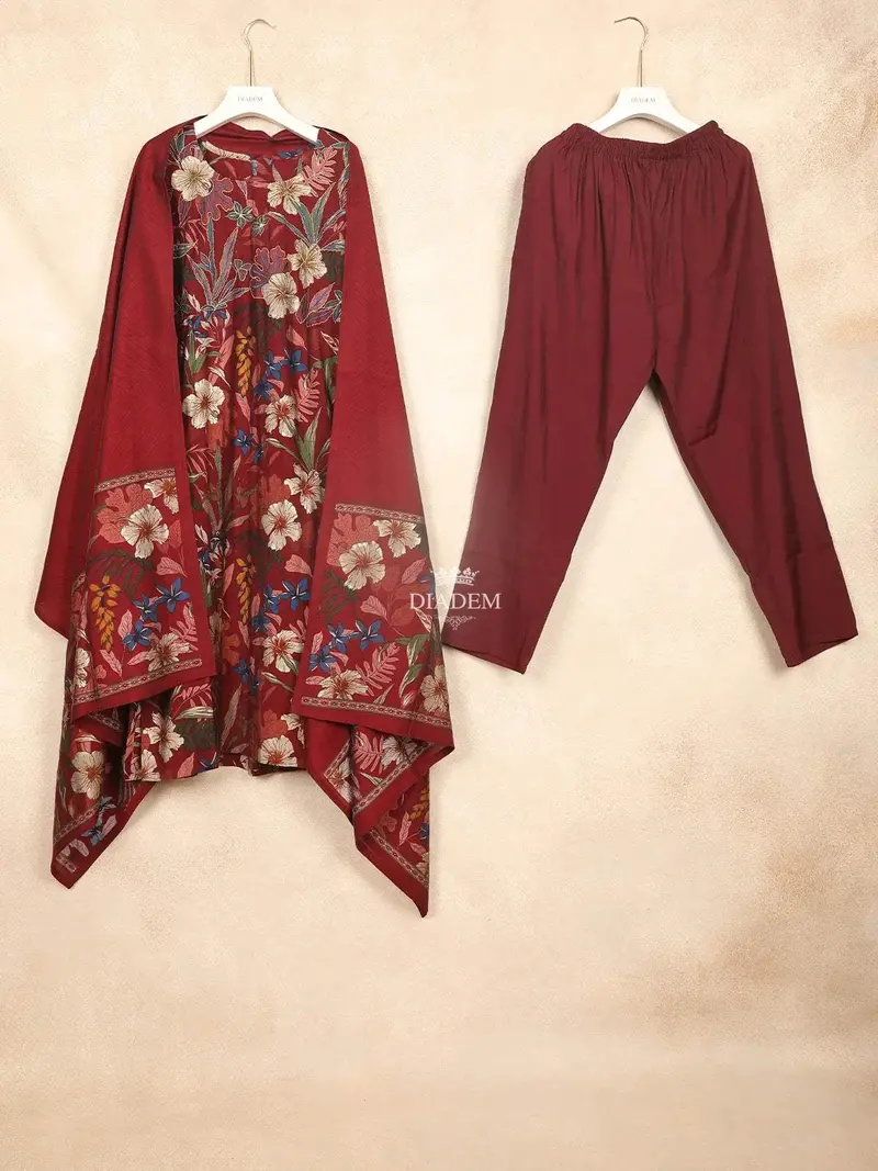 Maroon Straight Cut Salwar Suit For Women Adorned With Printed Floral Design With Dupatta 1