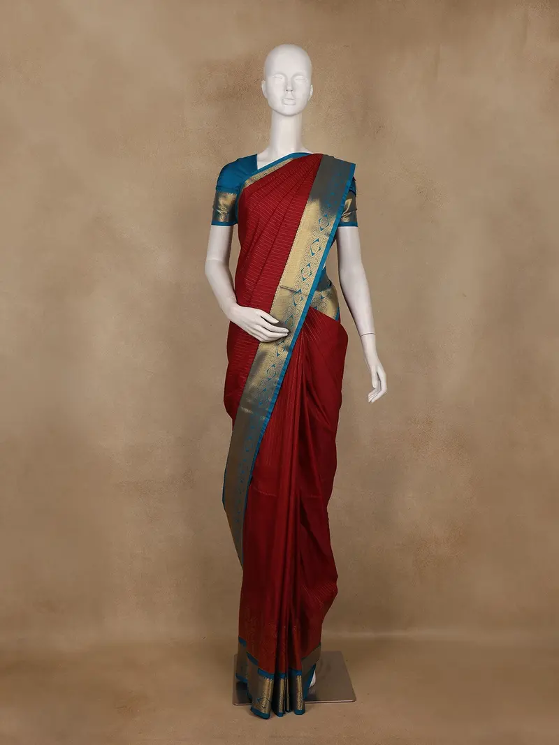 Maroon Striped Design Semi Silk Saree With Contrast Teal Blue Zari Border 1