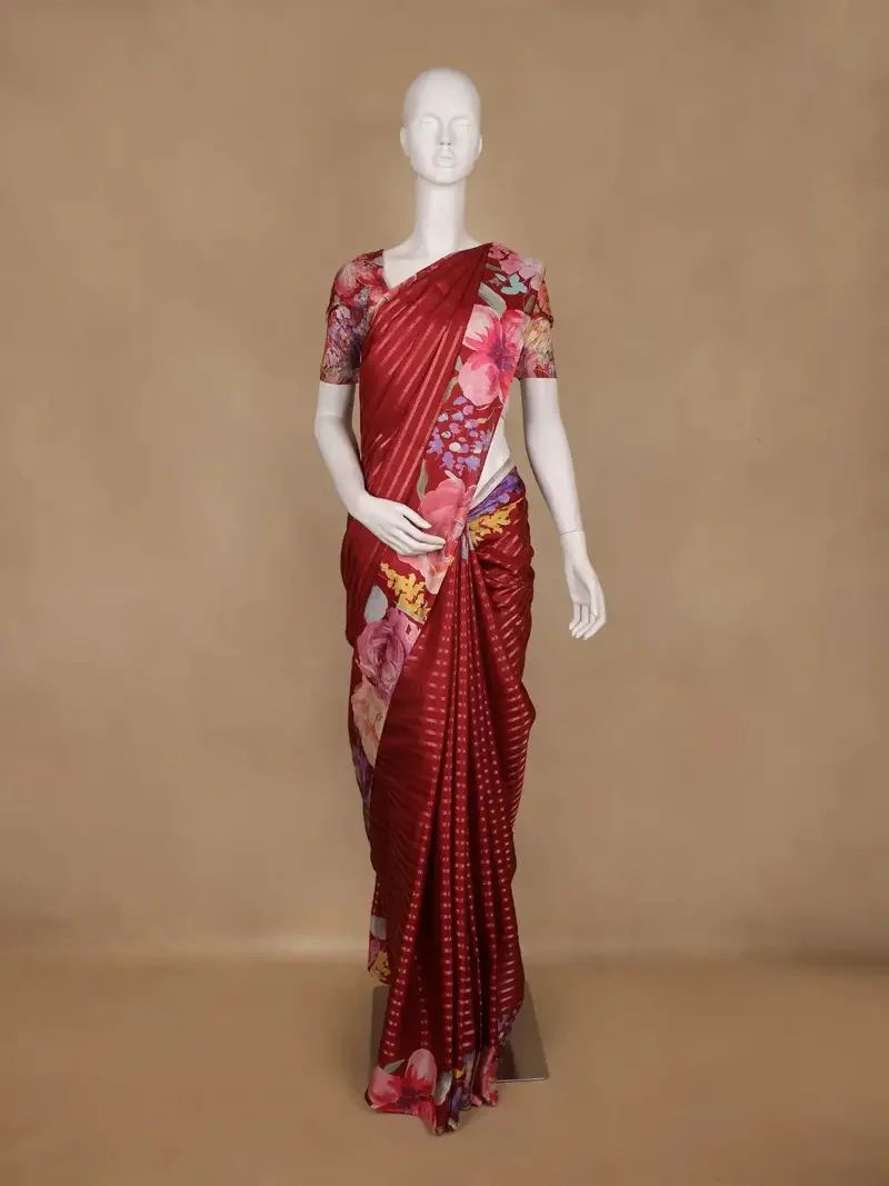 Maroon Striped Design Tussar Silk Saree 1