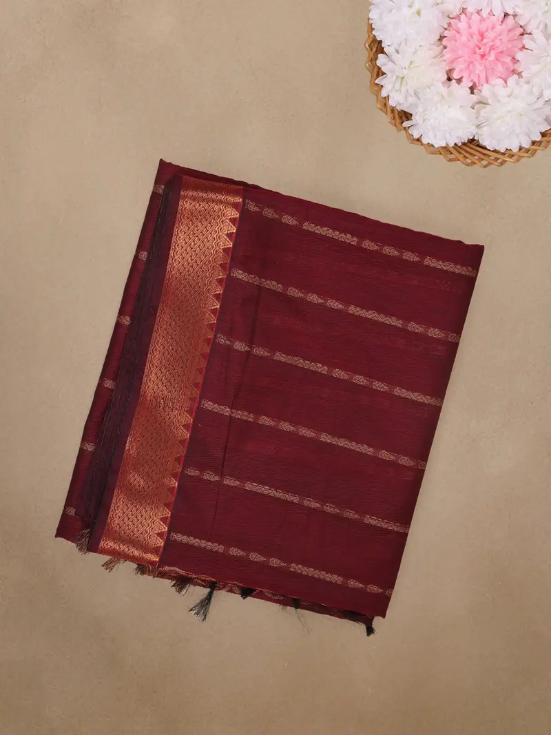 Maroon Striped Woven Cotton Saree 1