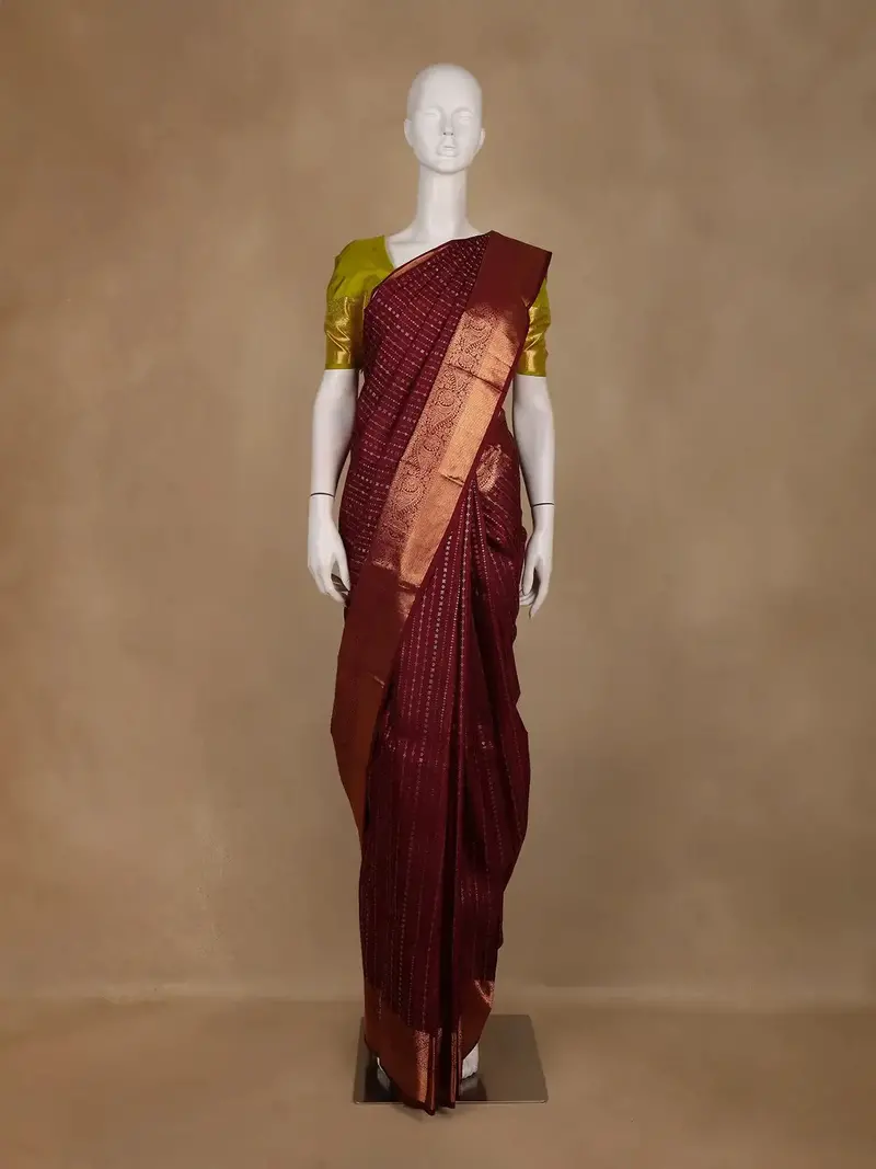 Maroon Striped Woven Pure Kanchipuram Silk Saree With Zari Border 1