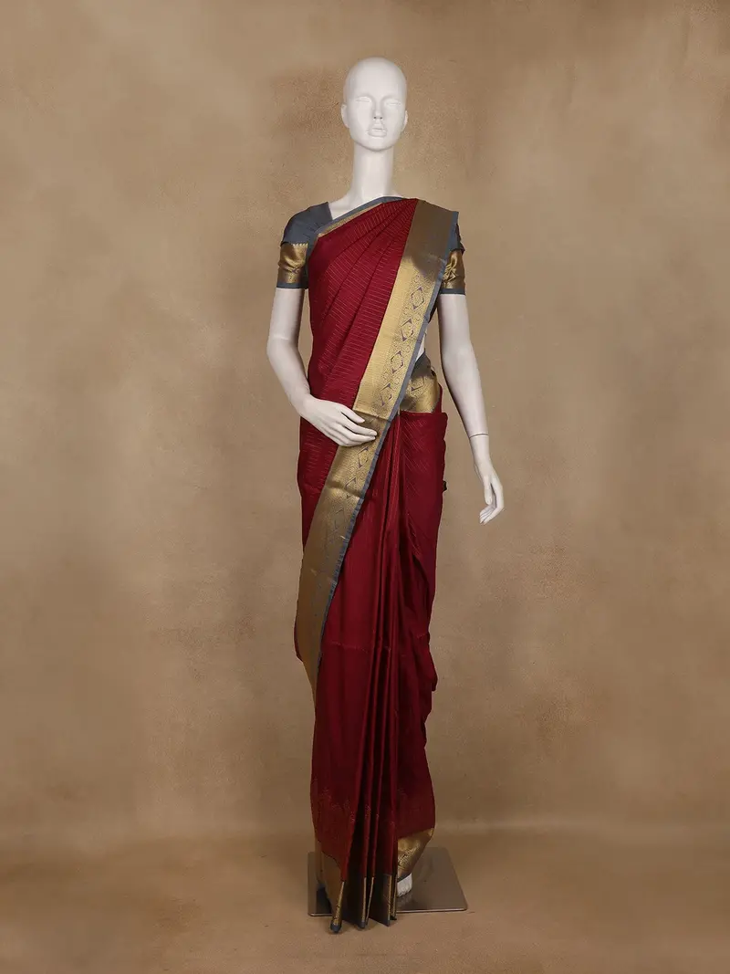 Maroon Stripes Woven Semi Silk Saree With Contrast Grey Zari Border 1