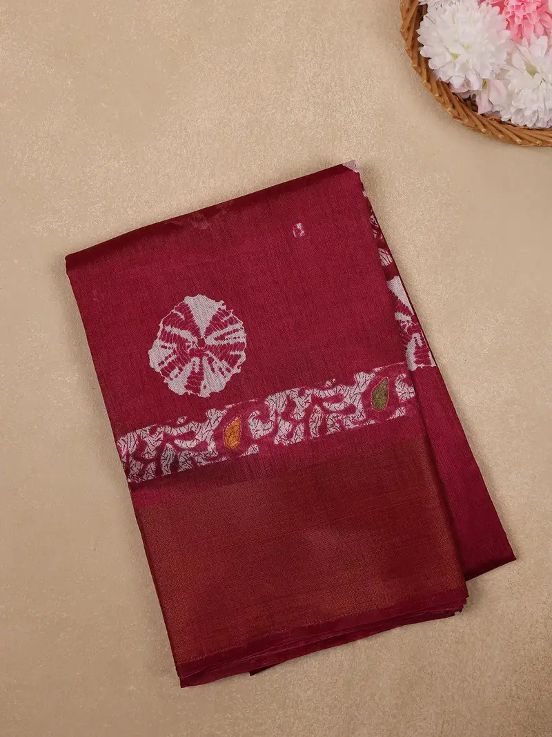 Maroon Tie-Dye Printed Fancy Cotton Saree 1