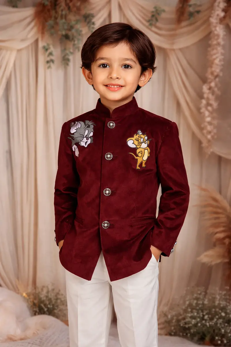 Maroon Velvet Kids Sherwani With With Cartoon Embroidery 1