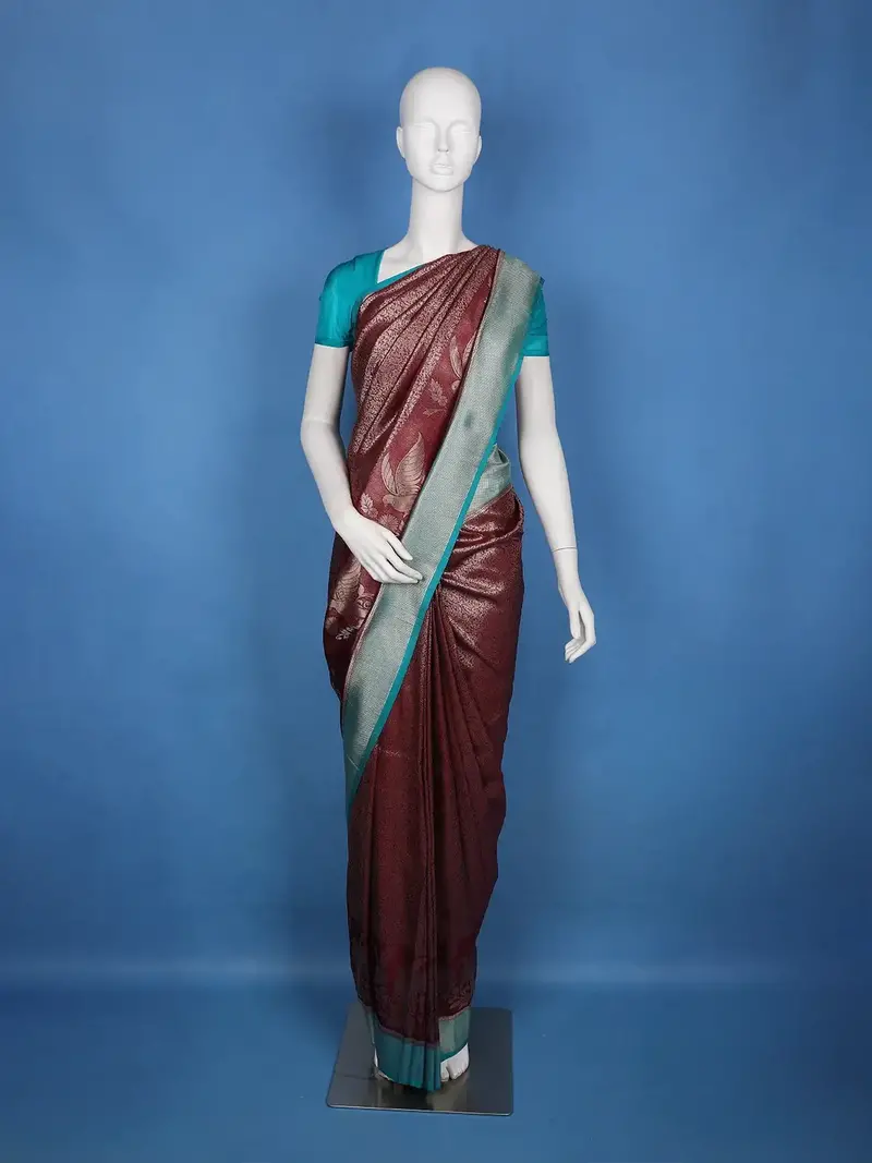 Maroon Wine Floral & Leaf Designed Soft Silk Saree 1