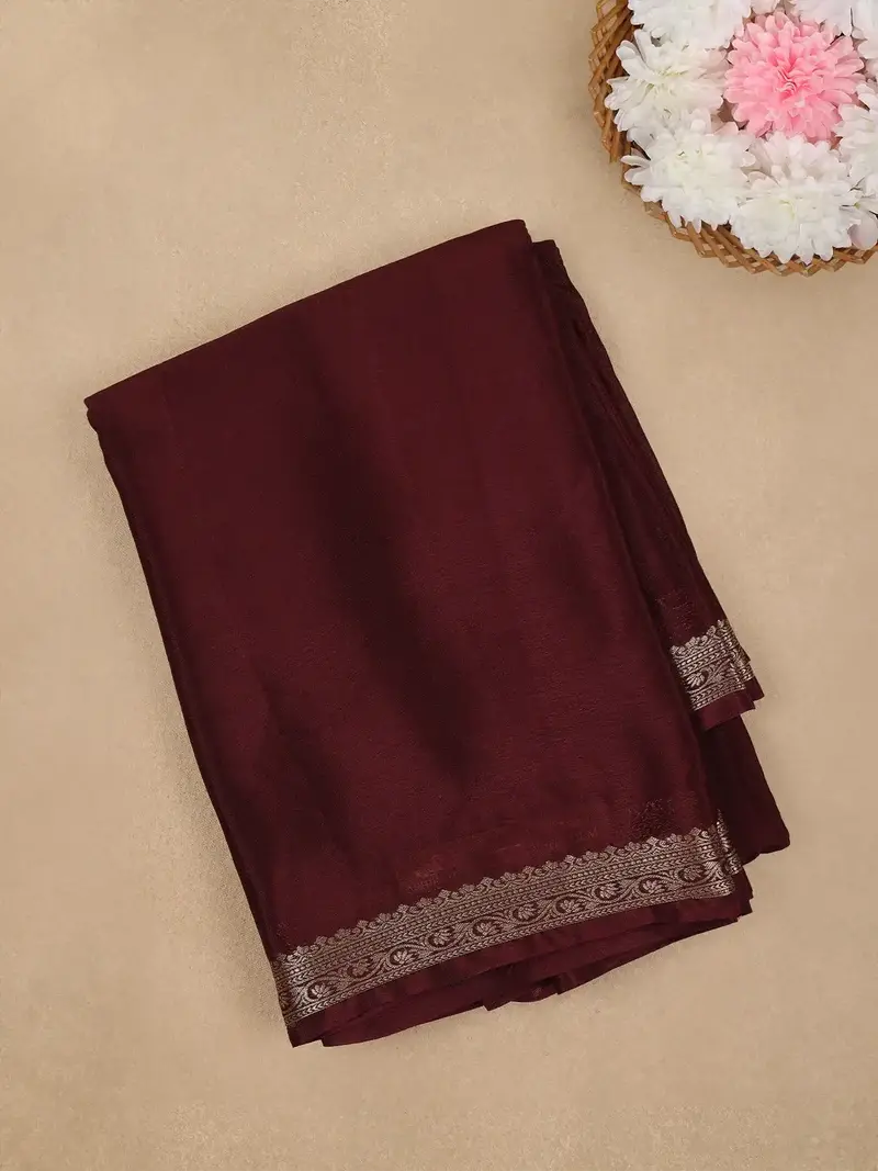 Maroon Wine Solid Design Antique Gold Zari Border Mysore Silk Saree 1