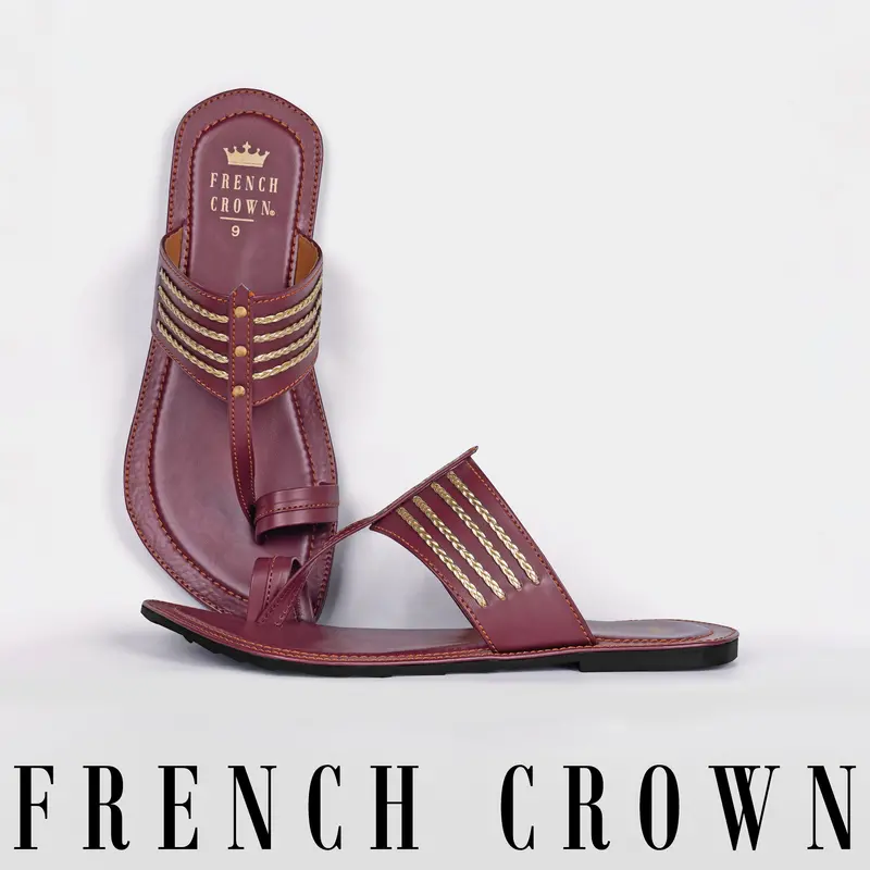 Maroon With Golden Stitched Vegan Leather Kolhapuri Sandal 1