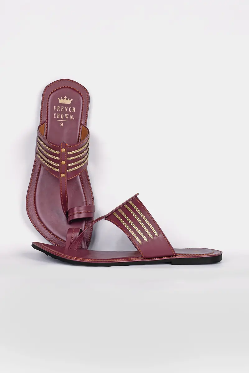 Maroon With Golden Stitched Vegan Leather Kolhapuri Sandal 2