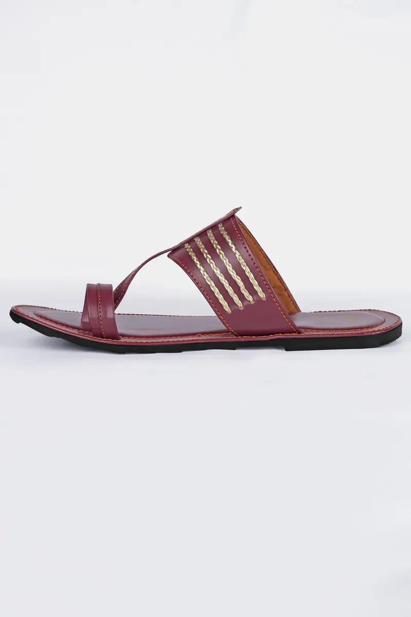 Maroon With Golden Stitched Vegan Leather Kolhapuri Sandal 3