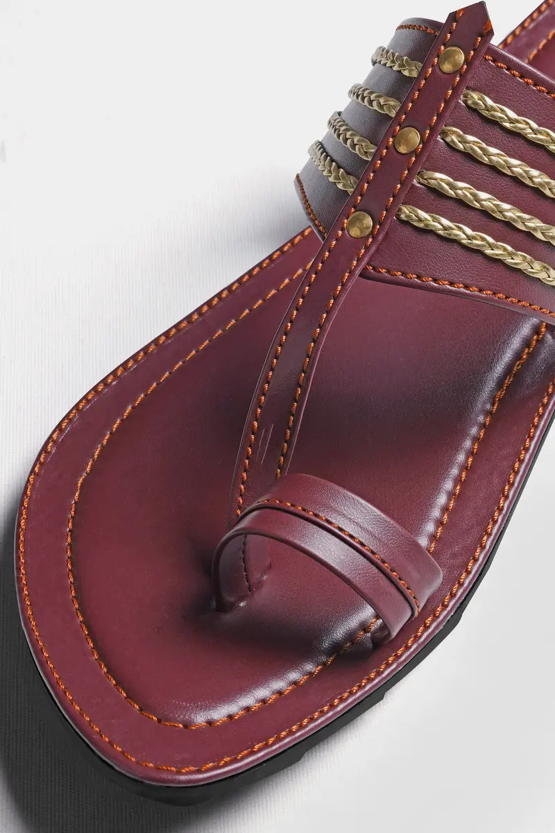 Maroon With Golden Stitched Vegan Leather Kolhapuri Sandal 4