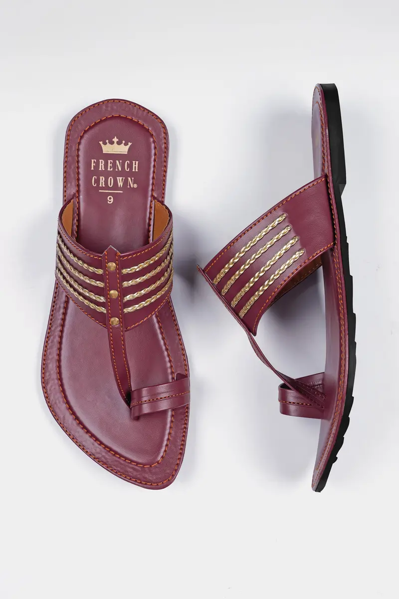 Maroon With Golden Stitched Vegan Leather Kolhapuri Sandal 5