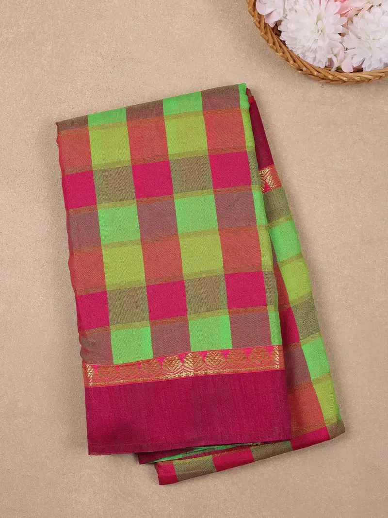 Maroon With Multicolor Checked Design Woven Semi Silk Fancy Saree 1