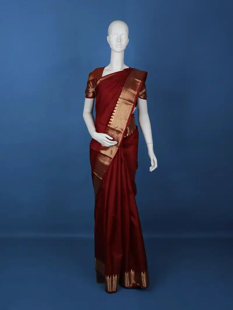 Maroon Woven Silk Saree With Contrast Gold Zari Border 1