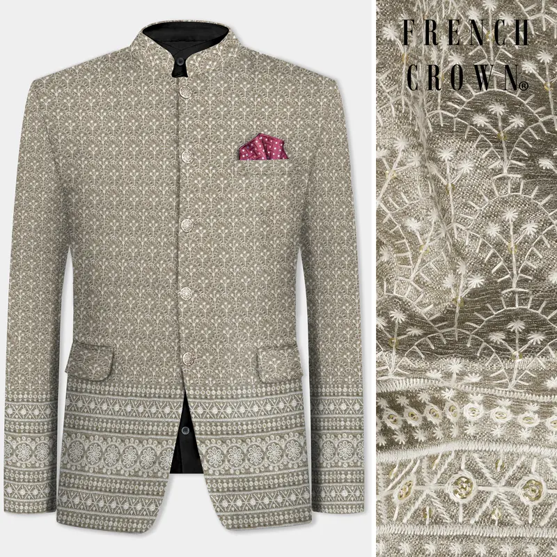 Martini Brown And White Thread Embroidered Bandhgala Jodhpuri 1