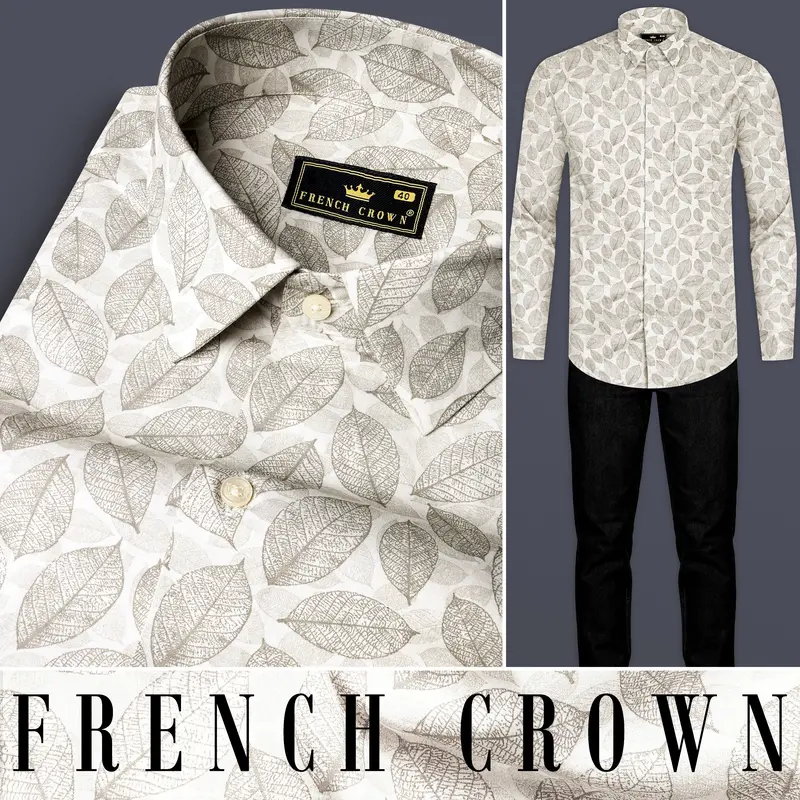 Martini Cream Leaf Printed Super Soft Premium Giza Cotton Shirt 10