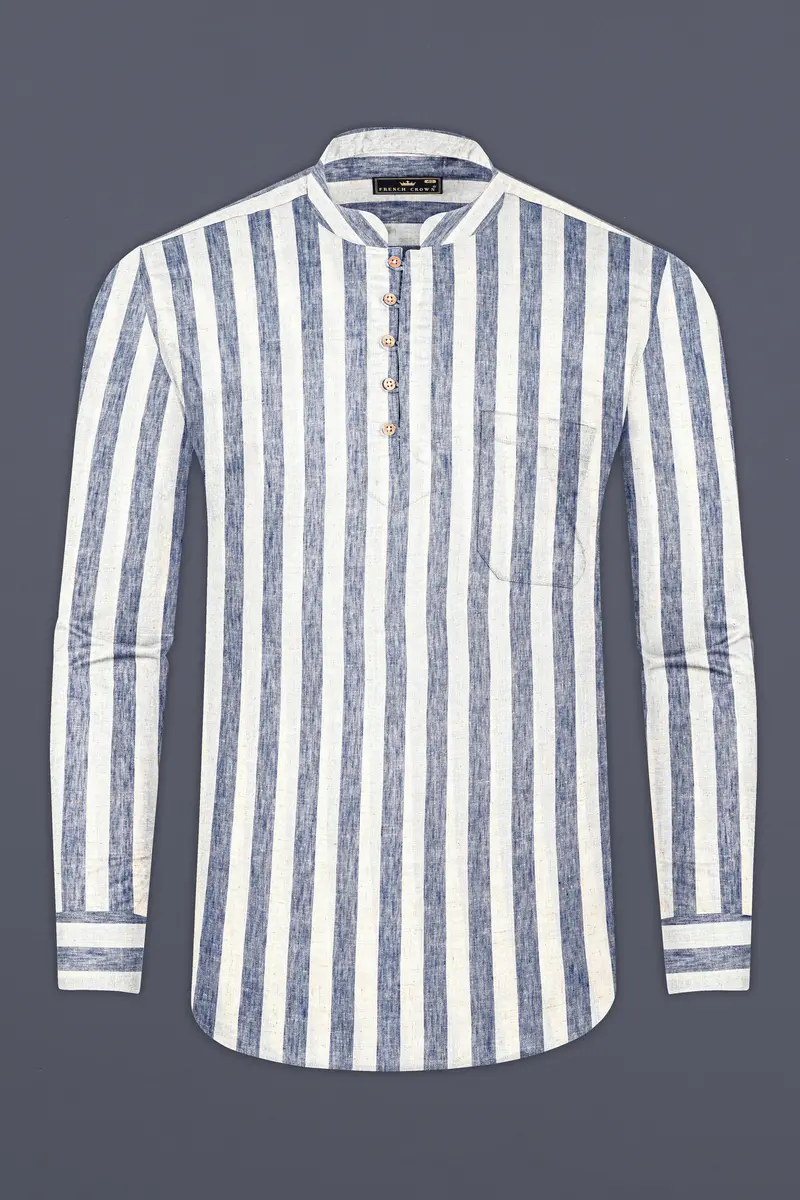 Martinique Blue And Moon Mist Cream Striped Luxurious Linen Shirt 10