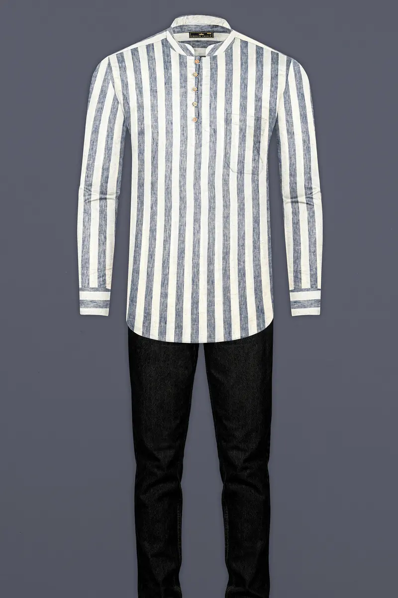 Martinique Blue And Moon Mist Cream Striped Luxurious Linen Shirt 12