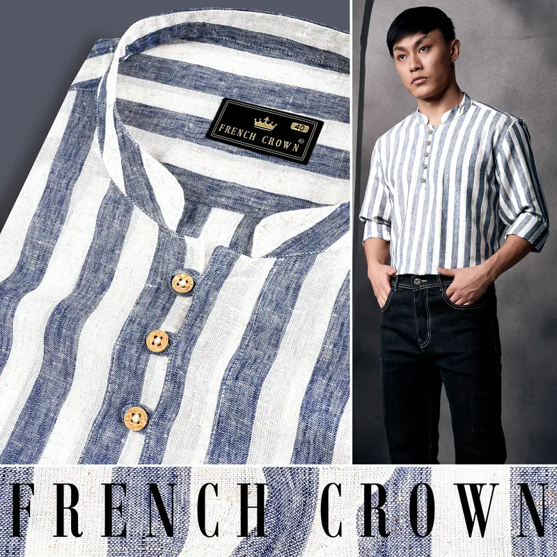 Martinique Blue And Moon Mist Cream Striped Luxurious Linen Shirt 13