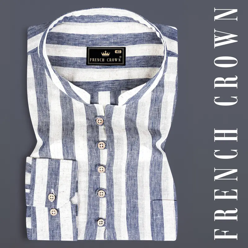 Martinique Blue And Moon Mist Cream Striped Luxurious Linen Shirt 14