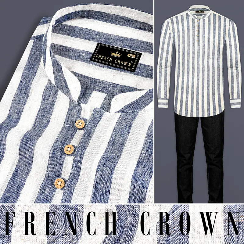 Martinique Blue And Moon Mist Cream Striped Luxurious Linen Shirt 16