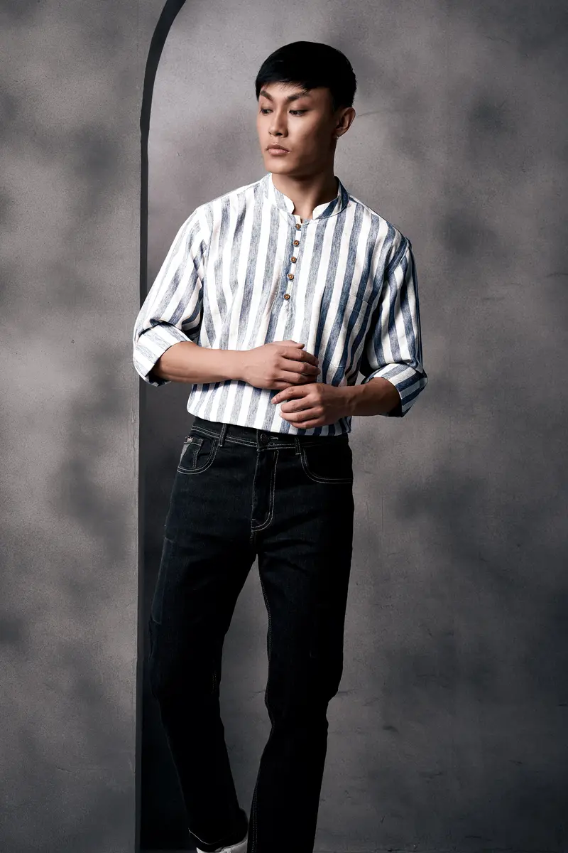 Martinique Blue And Moon Mist Cream Striped Luxurious Linen Shirt 5