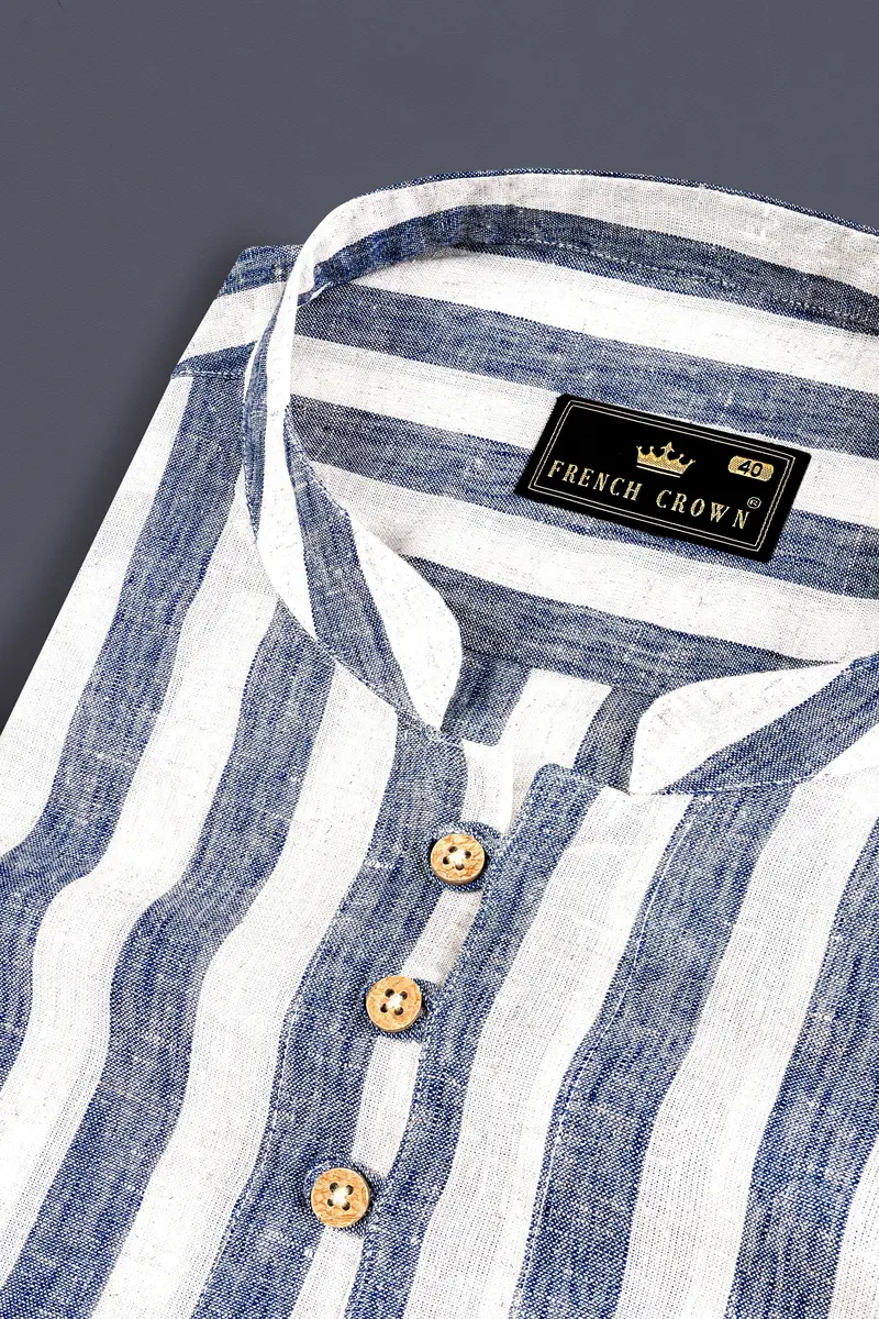 Martinique Blue And Moon Mist Cream Striped Luxurious Linen Shirt 8