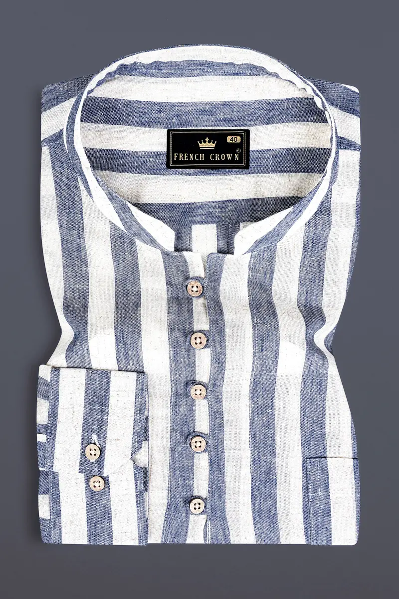Martinique Blue And Moon Mist Cream Striped Luxurious Linen Shirt 9
