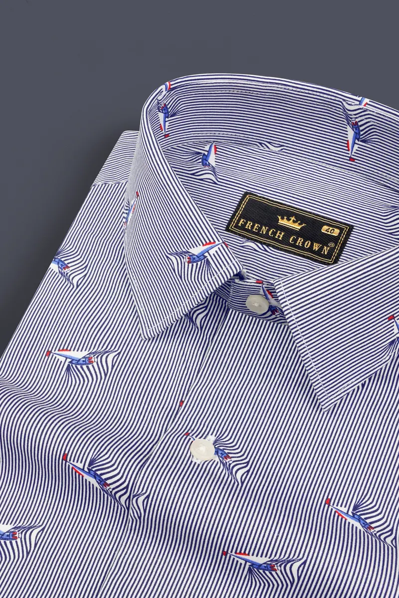 Martinique Blue Boat And Striped Premium Cotton Shirt 1