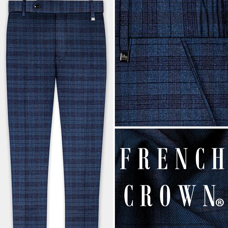 Martinique Blue Plaid Wool Blend Stretchable Waistband Pant 1