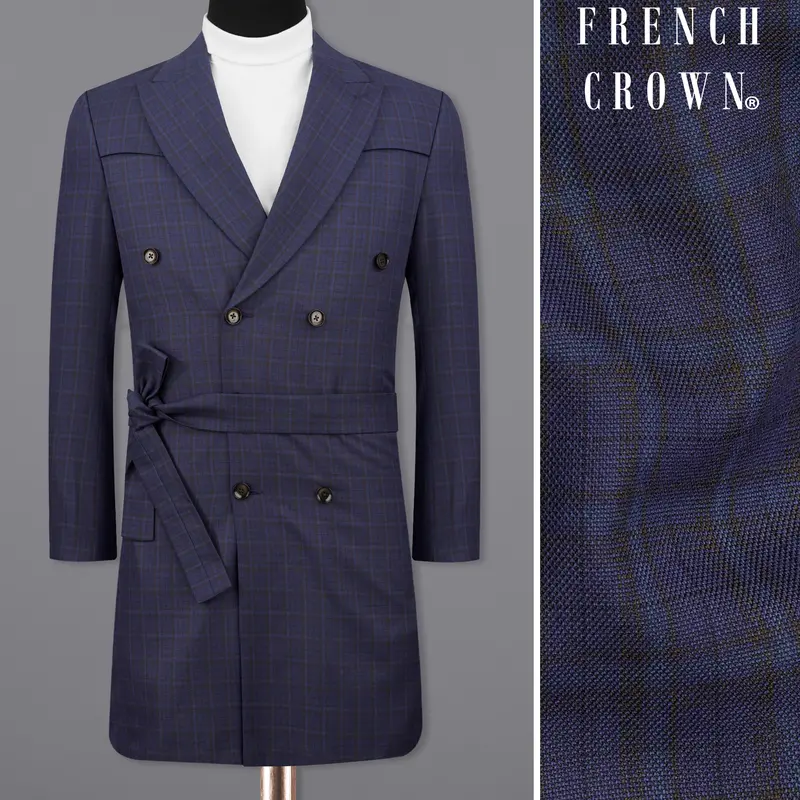 Martinique Blue Subtle Checkered Double Breasted With Belt Closure Designer Overcoat 1