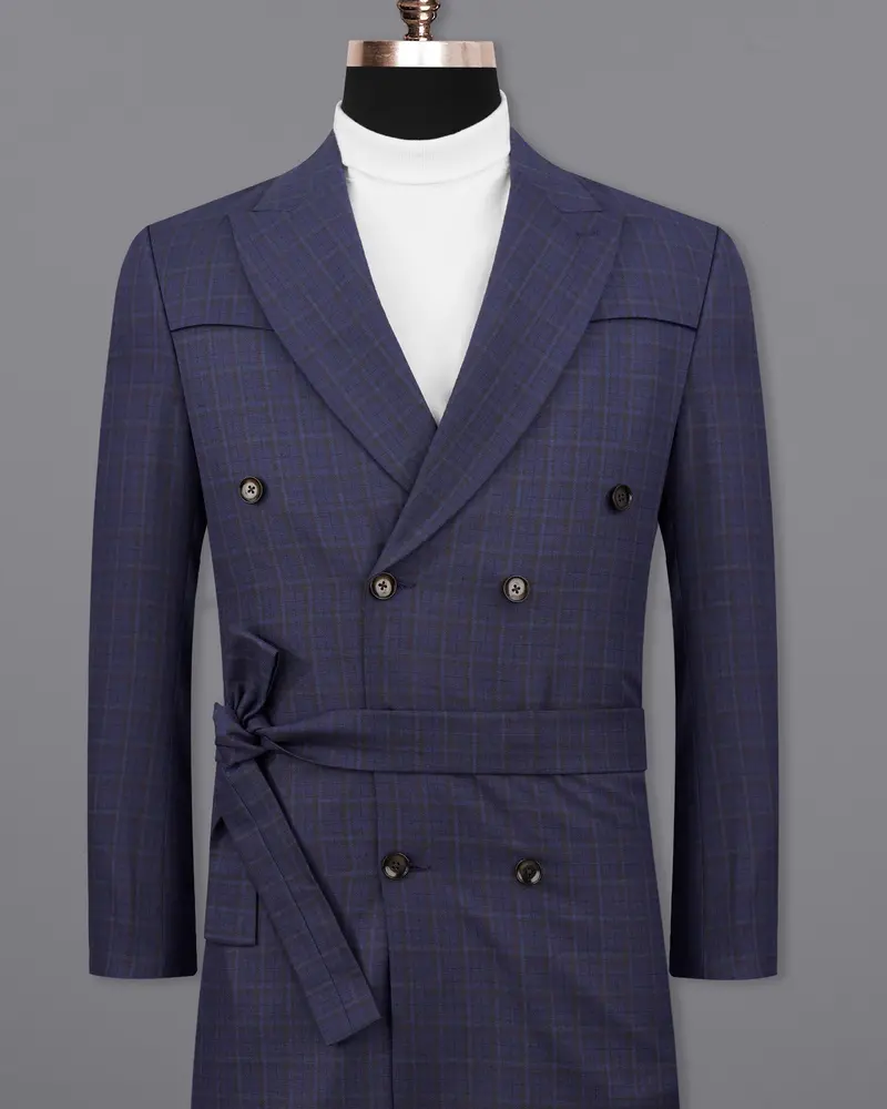 Martinique Blue Subtle Checkered Double Breasted With Belt Closure Designer Overcoat 2