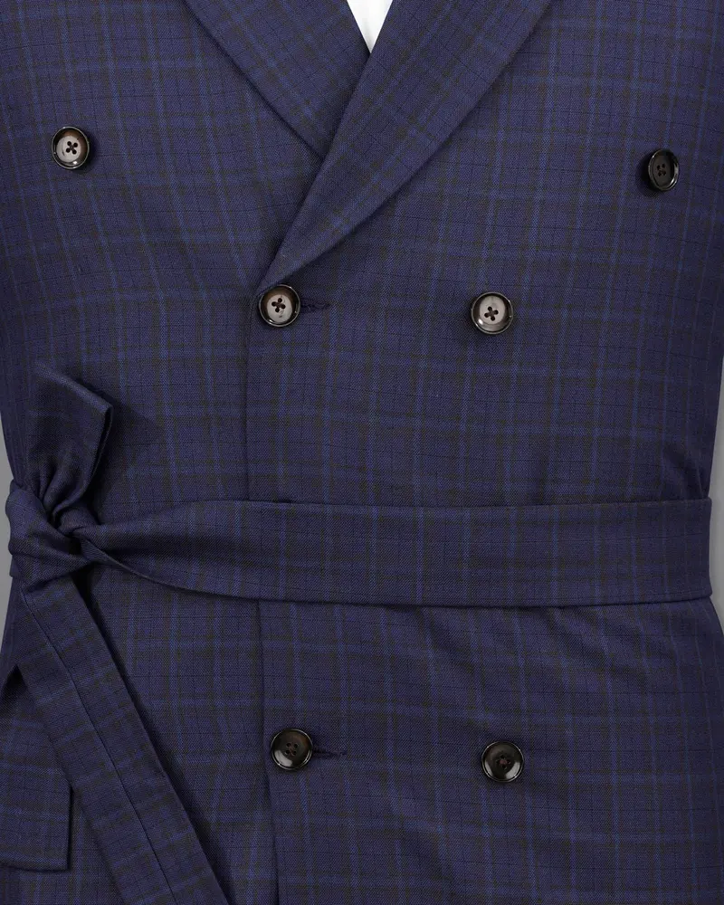 Martinique Blue Subtle Checkered Double Breasted With Belt Closure Designer Overcoat 4