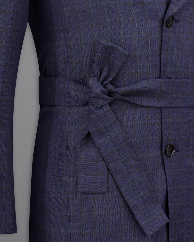 Martinique Blue Subtle Checkered Double Breasted With Belt Closure Designer Overcoat 5