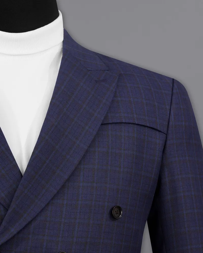 Martinique Blue Subtle Checkered Double Breasted With Belt Closure Designer Overcoat 6